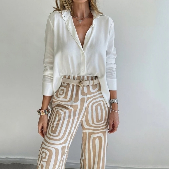 Two Piece Set Women Office Fashion Lapel Long-Sleeved Shirt Solid Single Breaste - Picture 4 of 5